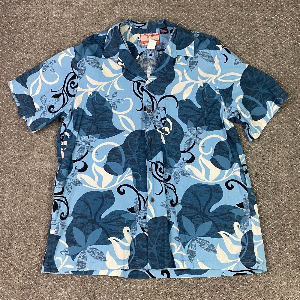 RJC Hawaiian Shirt Men's XL Blue Floral Tropical Abstract Cotton Camp Button Up